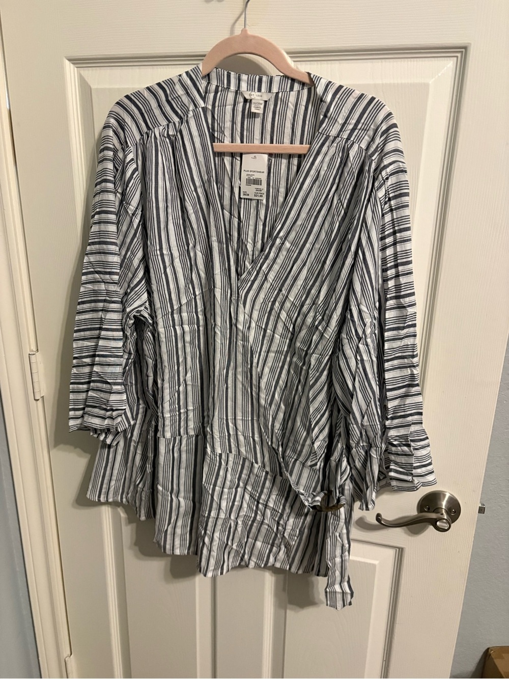 442- NWT Cato Striped Wrap-Style Blouse - White & grey